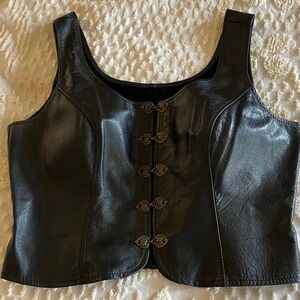 Vintage Black Leather Vest with Heart Clasps